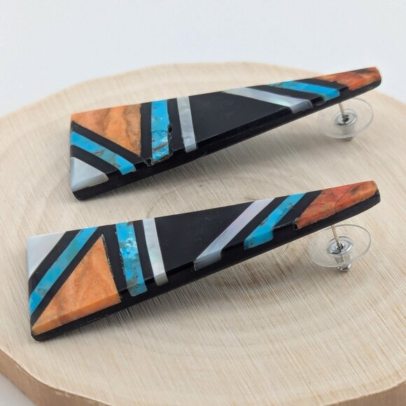 Native American Mosaic Dangle Earrings Handmade Inlay Jewelry Museum Quality** - Picture 5 of 10